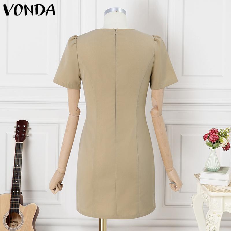 VONDA Women Square Collar Short Sleeve Stitching Pocket Casual Thigh Length Dress