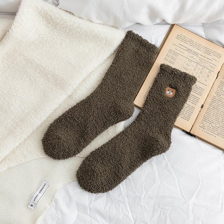 1pair Coral Fleece Sleeping Socks Home Socks Women's Mid-tube Autumn and Winter Embroidery Bear Cute Plus Velvet Thick Warm Long Tube