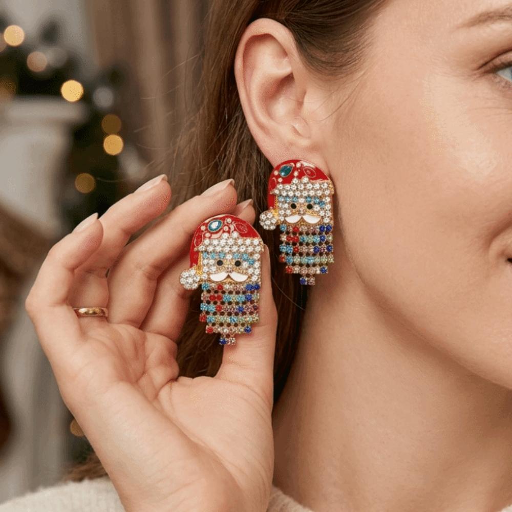 1 Pair Sparkling Shiny Rhinestone Stud Earrings Cute Santa Claus Dangle Earring  for Women