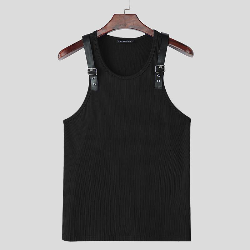 

INCERUN Summer Mens Sleeveless Shoulder Patchwork Casual Skinny Tank Tops L чёрный