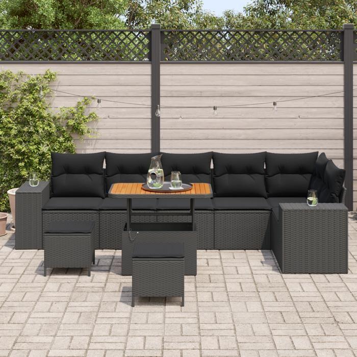 Ensemble de Canapé de Jardin vidaXL 9 pièces avec Coussins Noir Rattan Acacia, Ensemble de Salle à Manger de Jardin vidaXL 3 3362024