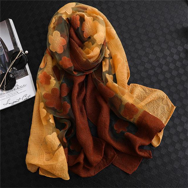 Double-Color Matching Women Scarf 70*190 Cm Female Fashion Cut Flower Hollow Petal Imitation Silk Wool Scarf Versatile Scarf