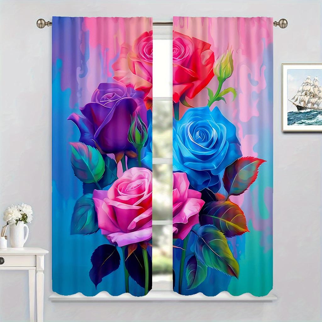 2pcs Elegant Lions And Romantic Rose Print Curtains For Home Decor For Bedroom Office Kitchen Living Room Study Decor Rod Pocket