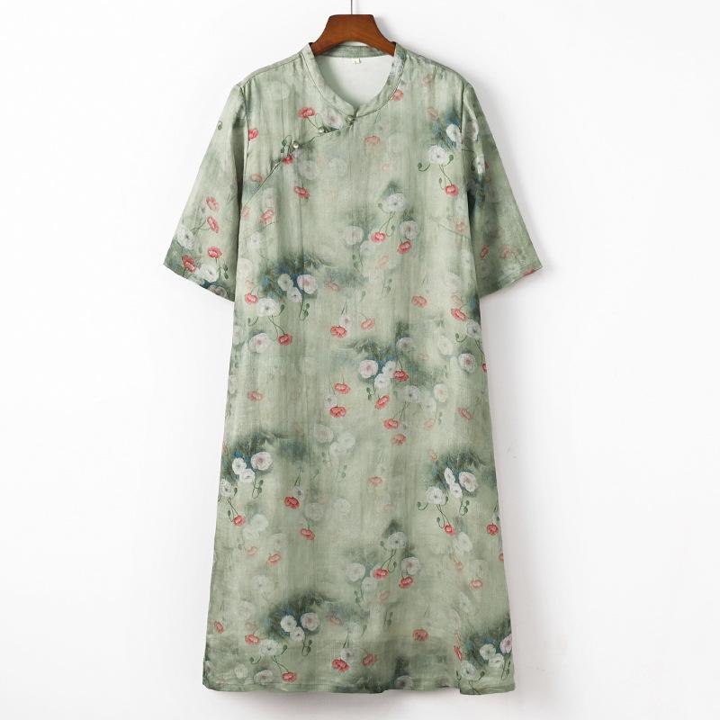 

Johnature женское летнее винтажное платье трапециевидной формы в китайском стиле с семью рукавами и цветочным принтом XXL зелёный