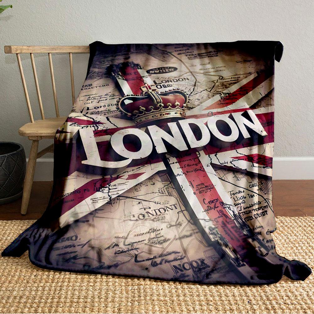 Union Jack overlaying a vintage London map with crown and bold text. for all seasons blanket lunch break throw gift