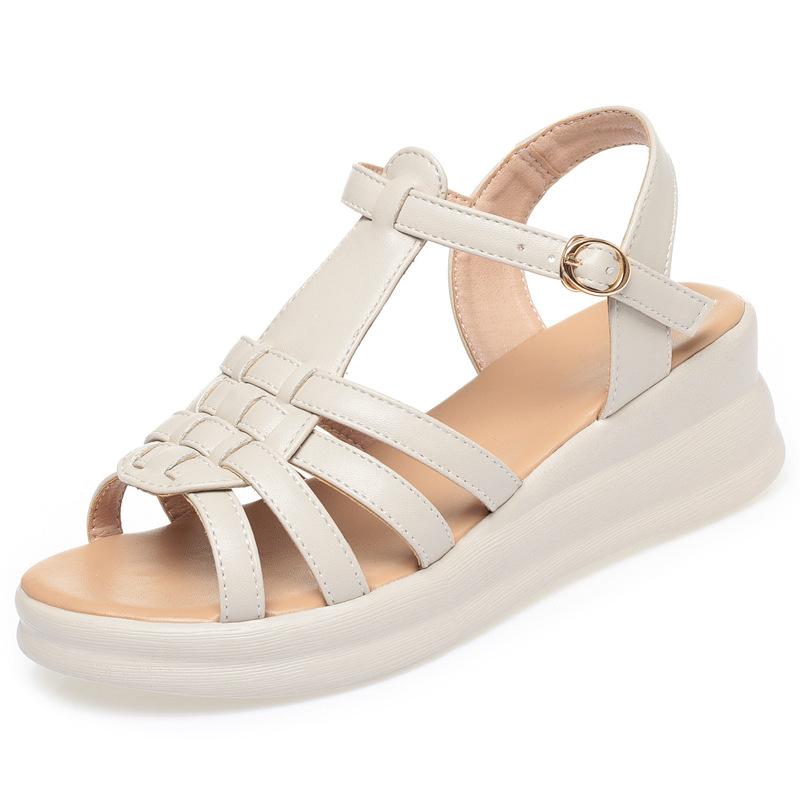 5.5cm Comfortable All Match Soft Leather Gladiator Sandals Platform Shoes 2025 Summer Womens Med Heels Wedges Sandals Office Mom