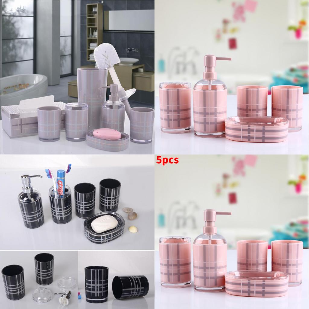 Plastic Bathroom Set With Grid Pattern Includes Soap Dispenser Shampoo Bottle And Storage Jars For Home Use