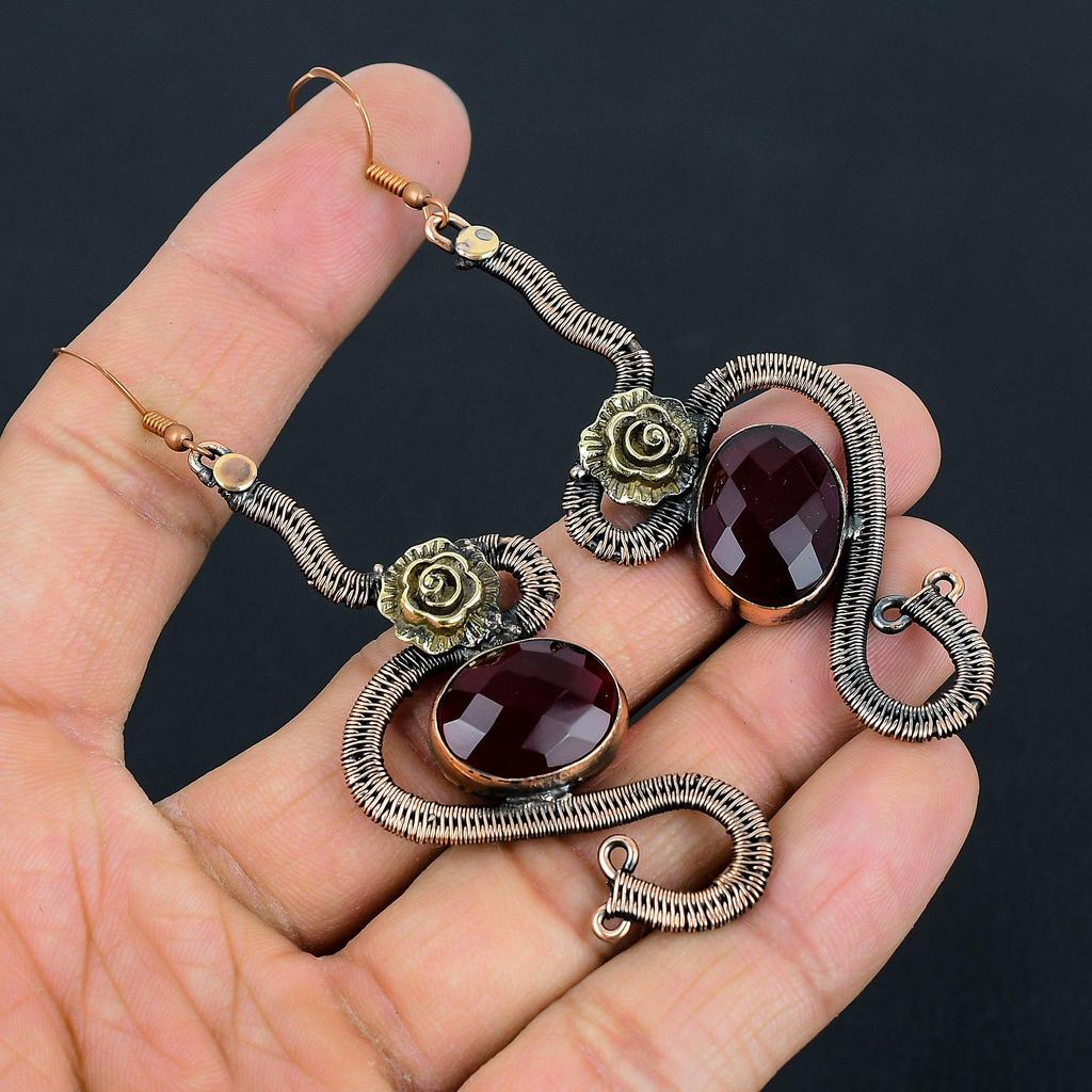 Faceted Garnet Earrings Gemstone Jewelry, 999 Copper Wire Wrapped Earrings, Handmade Beautiful Jewelry Earrings
