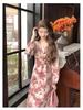 Elegant French Floral Print Cross Strap Dress for Women - Slimming Base Layer in Light Mature Style