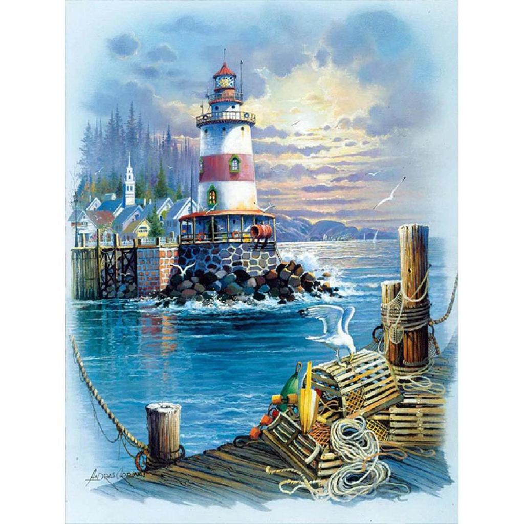 Peinture au diamant 5D DIY avec perceuse ronde complète Phare de bord de mer Décoration de maison 30x40cm
