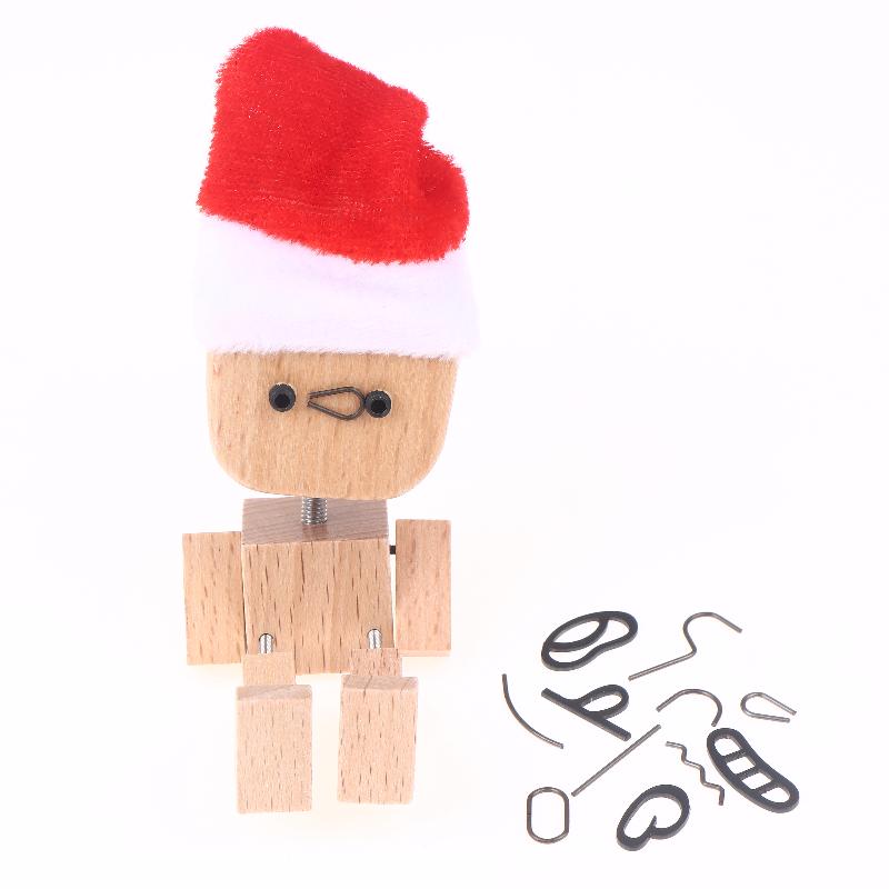 Christmas Shaking Wooden Man Figurine With 12PCS Magnetic Expressions Charming Little Wood Robot Figure Ornaments Car Decoration