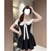 Summer new one-word shoulder bow dress women's black and white contrasting colors waist thin sweet and spicy style pure desire short skirt