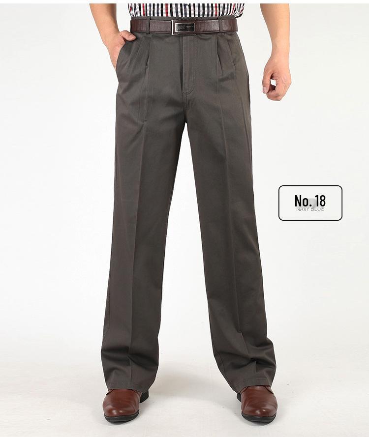 Pantaloni Casual de Vară din Bumbac cu Croială Largă pentru Bărbați - Talie Înaltă, Picior Drept, Cu Pliuri Duble pentru Bărbați de Vârstă Mijlocie și Vârstnici