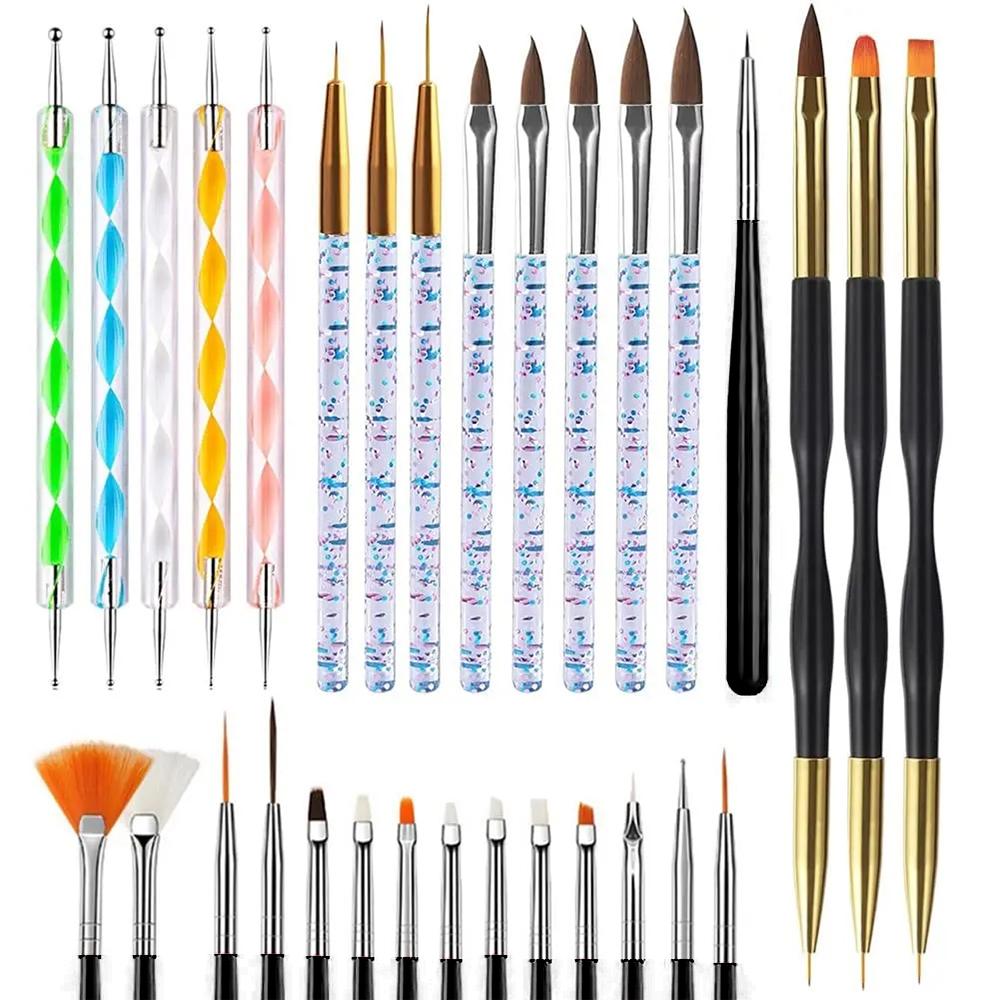 YIKOOLIN 31PCS Nail Art Brushes Nail Art Tool Set Double Ended Nail Dotting Tools Nail Dust Brush Acrylic Brush Manicure Tools