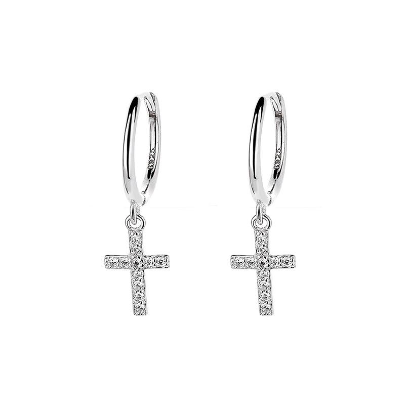 Korea Dongdaemun S925 Silver Cross Ear Cuffs: Unisex Zircon Earrings with Simple, Modern Design