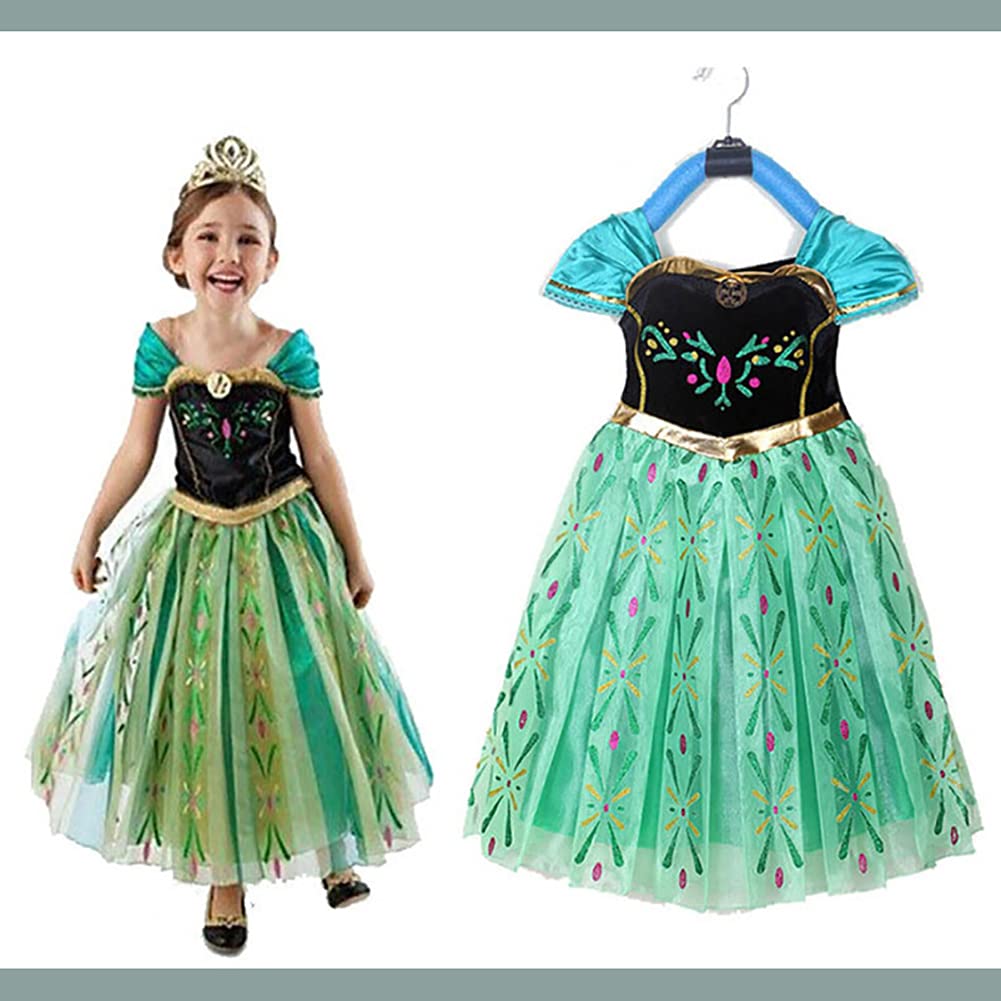 Kids Princess Elsa Dress Costume Frozen Elsa Dress Luxury Set Green Heart Magic Braided [YITING] 5-Piece - (Princess Dress, Tiara, Wand, Gloves, Wig)