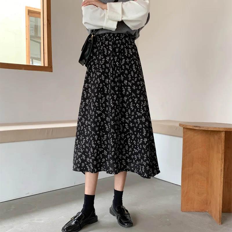 

Юбка с цветочным принтом, эластичная талия, шифоновая ткань, женская юбка трапециевидной формы длиной до колена в стиле ретро, ​​простая повседневная весна и лето XXL чёрный