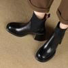 Genuine Leather Retro Round Toe Elastic BandThick-Soled High Heel 2025 New Black Short Boots Woman Chelsea Shoes Ankle Boots