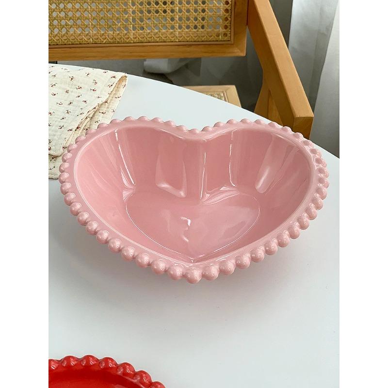Kreative Rosa Perlenpunkte Keramik Herz Speiseteller Geschirr Haus Dessert Kuchenplatte Porzellan Salatteller Küchenutensilien Neu