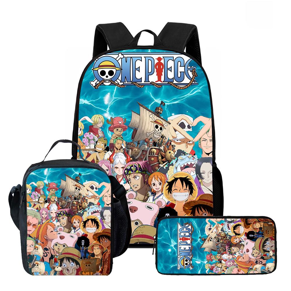One Piece 3-In-1 Cartoon Lightweight Adjustable School Backpack with Lunch Bag& Pencil Case for Children Age 6-10 Primary School