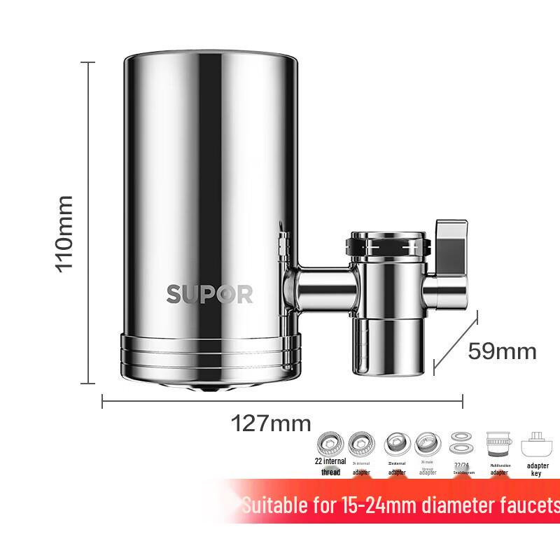 SUPOR Wasserfilter mit Wasserhahnmontage & 6 Filterkartuschen, Edelstahl CN-Stecker (Adapter enthalten)