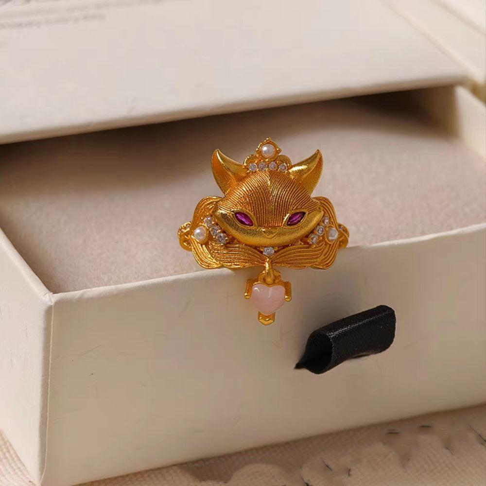Chinese Style Rhinestone Opening Ring Textured Animal Ring Fashion Vintage Metal Ring  Women