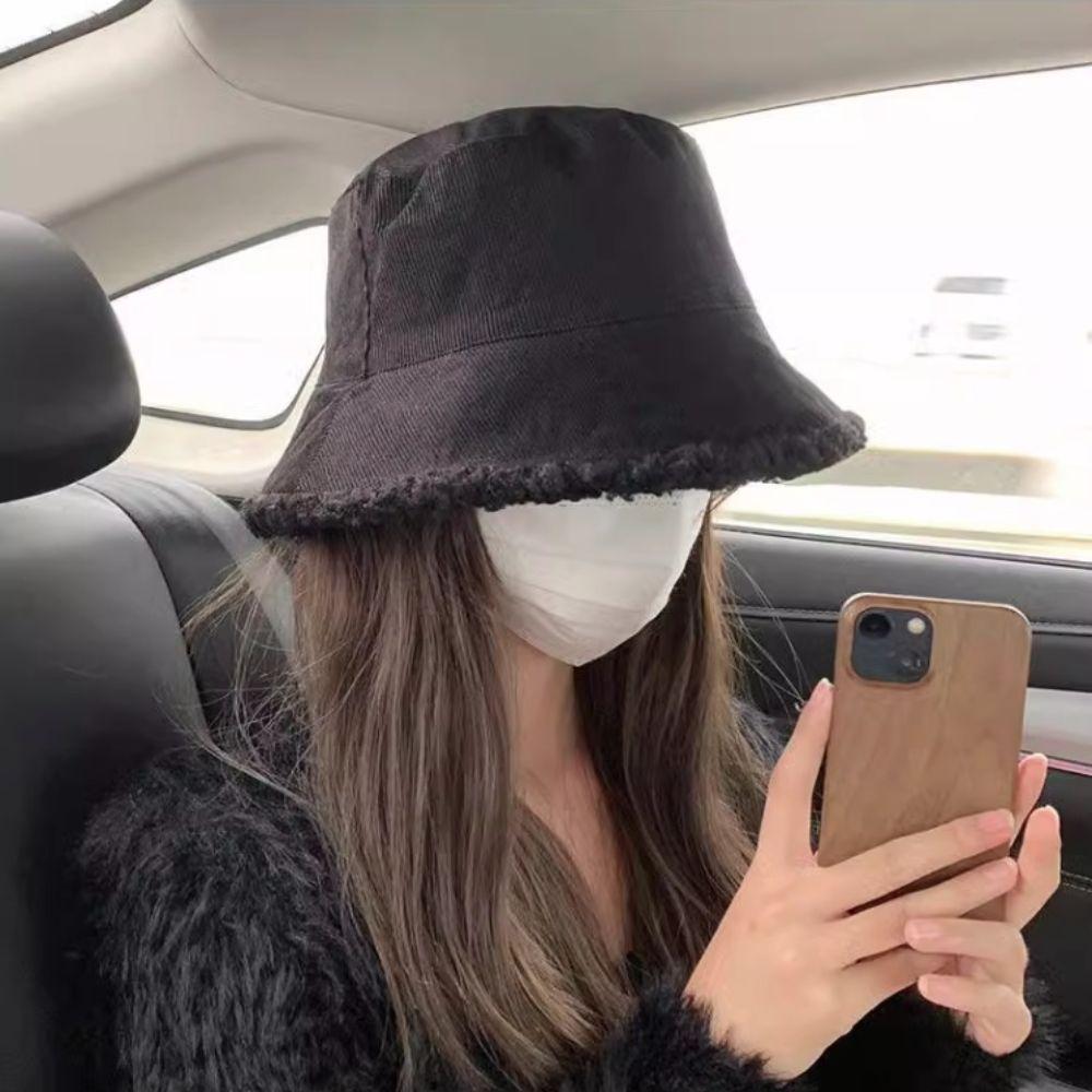 Korean Corduroy Bucket Hat Autumn Winter Fisherman Cap Fashion Wool Bucket Hat  Men Women