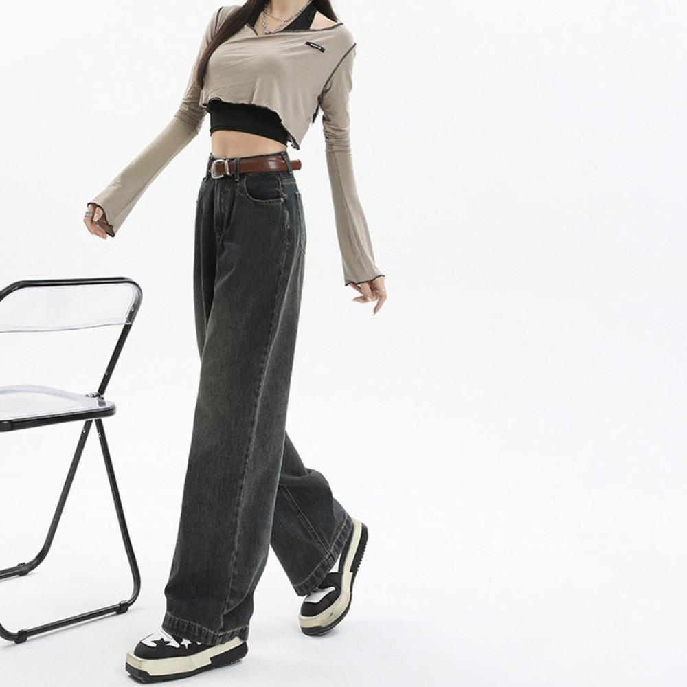 Autumn New American Retro Old Trendy Women's High Waist Loose Pleated Thin Straight Wide-leg Jeans