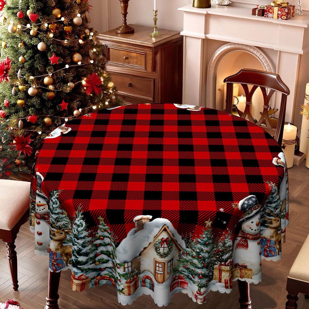 Creative Christmas Round Tablecloth Red And Black Plaid Snow Print, Snowman Christmas Tree Pattern Dining Table Coffee Table Table Flag