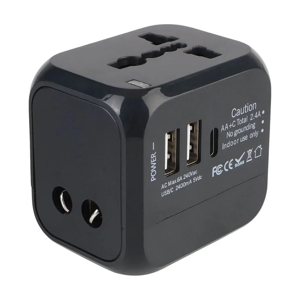 

All-in-One Travel Adapter Wall Charger 6A for US EU UK AU with 2 USB Ports and 1 Type C Universal Plug чёрный
