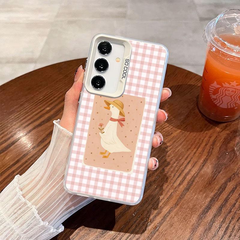 For Samsung Galaxy S24 S23 Ultra Plus FE S25 S22 Ultra Plus S21 FE Laser Phone Case Checkered Grid Cute Animals Pattern Covers