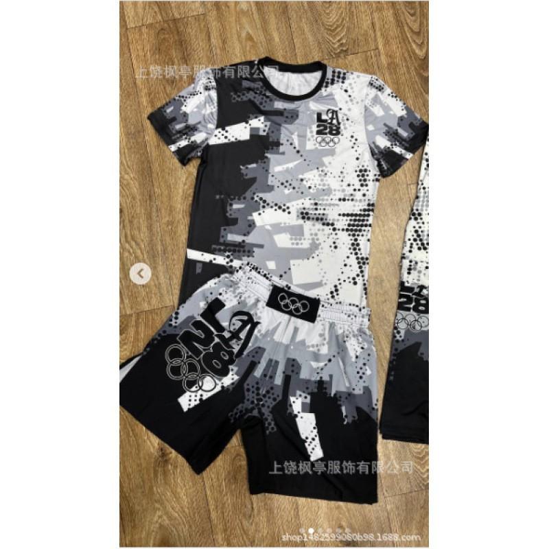 Men Cycling Jersey Set Short Sleeve T-shirt Shorts Breathable Training Sportwear