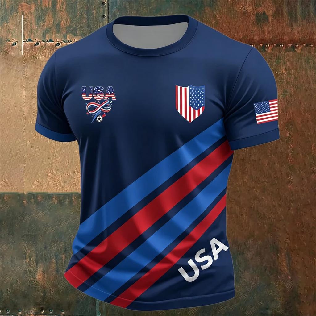 Men’s USA Football Print Crew Neck Classic Fit Short Sleeve T-Shirt with Striped Shield and Flag Design for Sports Fans