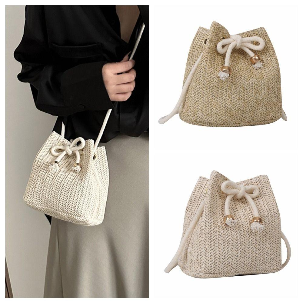 

Bohemian Style Raffia Bag Woven Drawstring Bucket Bag Casual Weave Straw Crossbody Bag Beach бежевый
