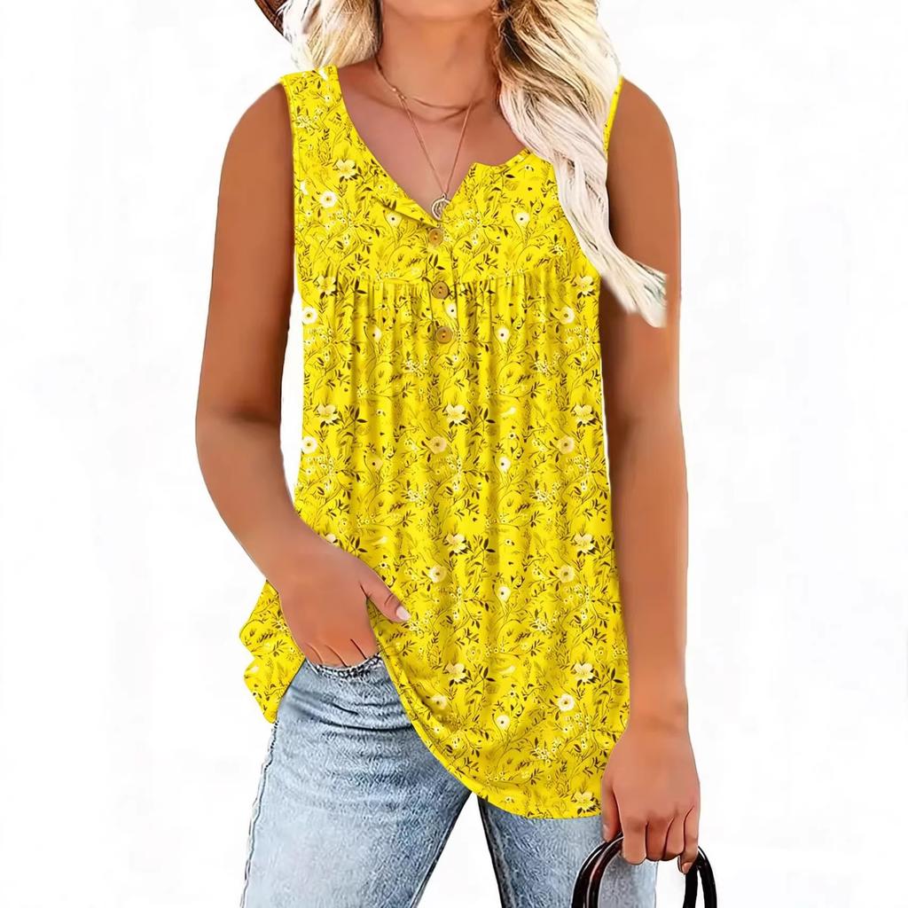 Canotta da donna senza maniche con scollo Henley floreale, vestibilità regolare, stile casual, camicetta estiva