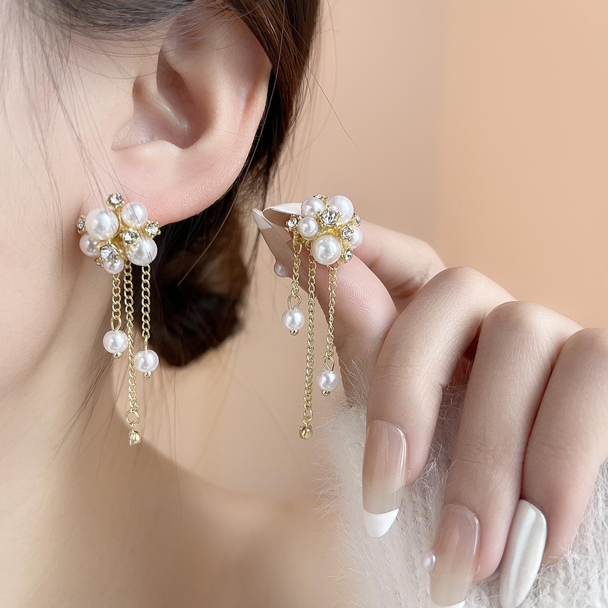Elegant Silver Needle Pearl Tassel Flower Earrings for Women