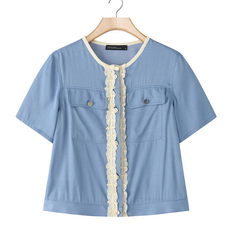 

ZANZEA Women Casual Round Neck Short Sleeve Splice Blouse S синий