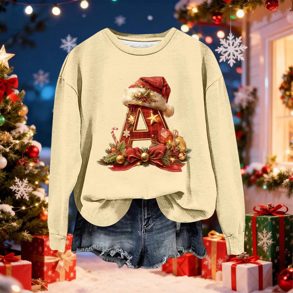Women's Fashionable Casual Long-Sleeved Christmas Letter Print Crew-Neck Sweatshirt