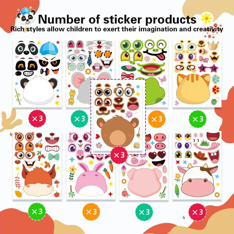 9Sheets Make Your Own Animals Stickers Children DIY Puzzle Sticker Games Make A Face Cute Panda Assemble Jigsaw Stickers Kids