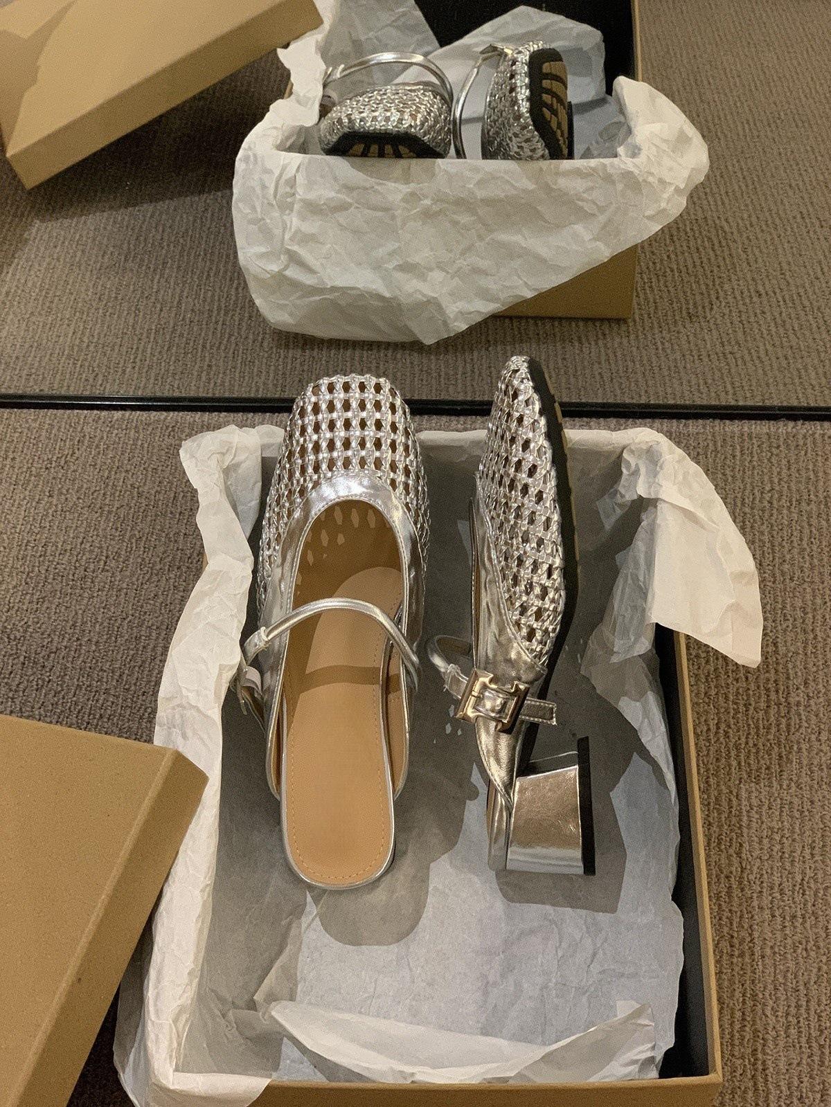 

Крупный каблук серебристая сетка полая сумка голова полутапочки женская обувь носить 2025 лето Мэри Джейн сандалии туфли 35 серебряный