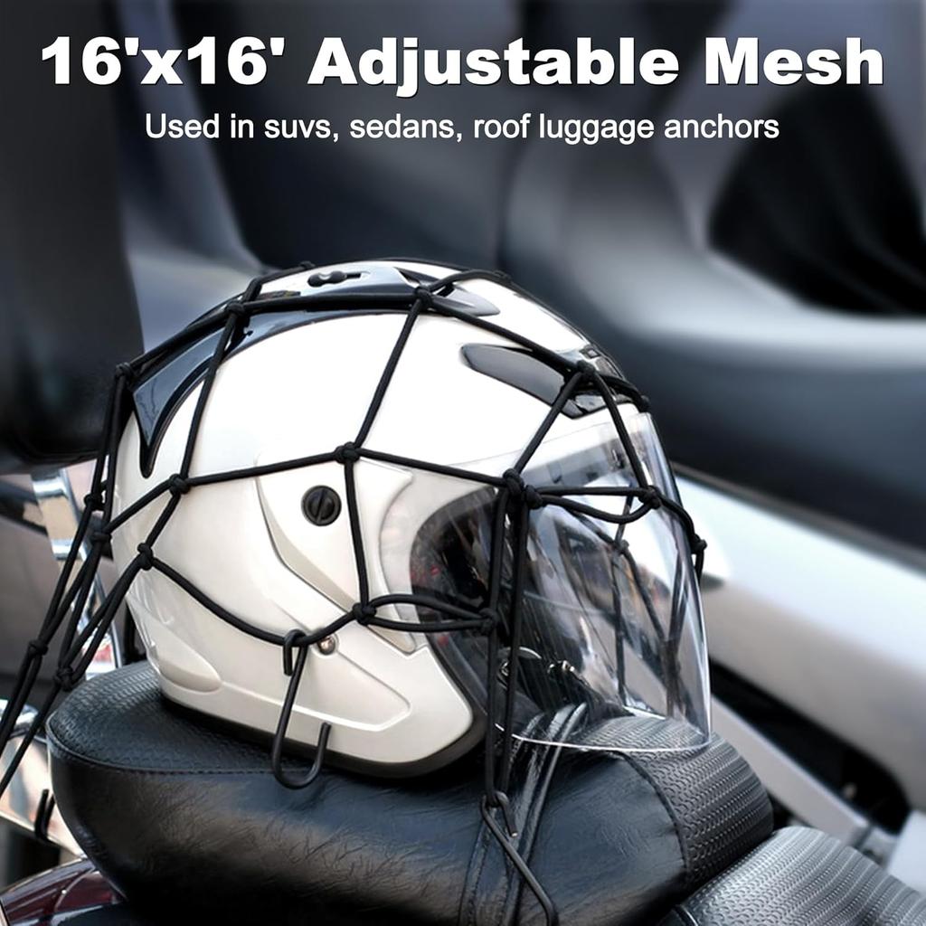 Cargo Nets For Motorcycle Helmet 16"X16" Elastic Bungee Net Storage Featuring 6 Hooks Tight 2"X2" Mesh Luggage Strap Rack Expansion Organizer Net