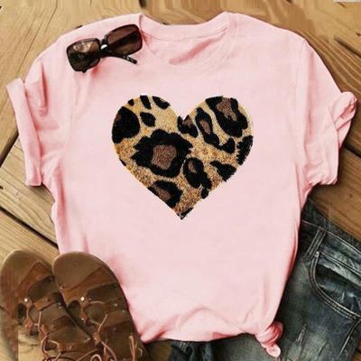 (Asian Size)Tee Top Leopard Love Heart Style Cute 90s Clothing Casual Short Sleeve Women Print Lady Fashion T Shirt Female Graphic T-shirt