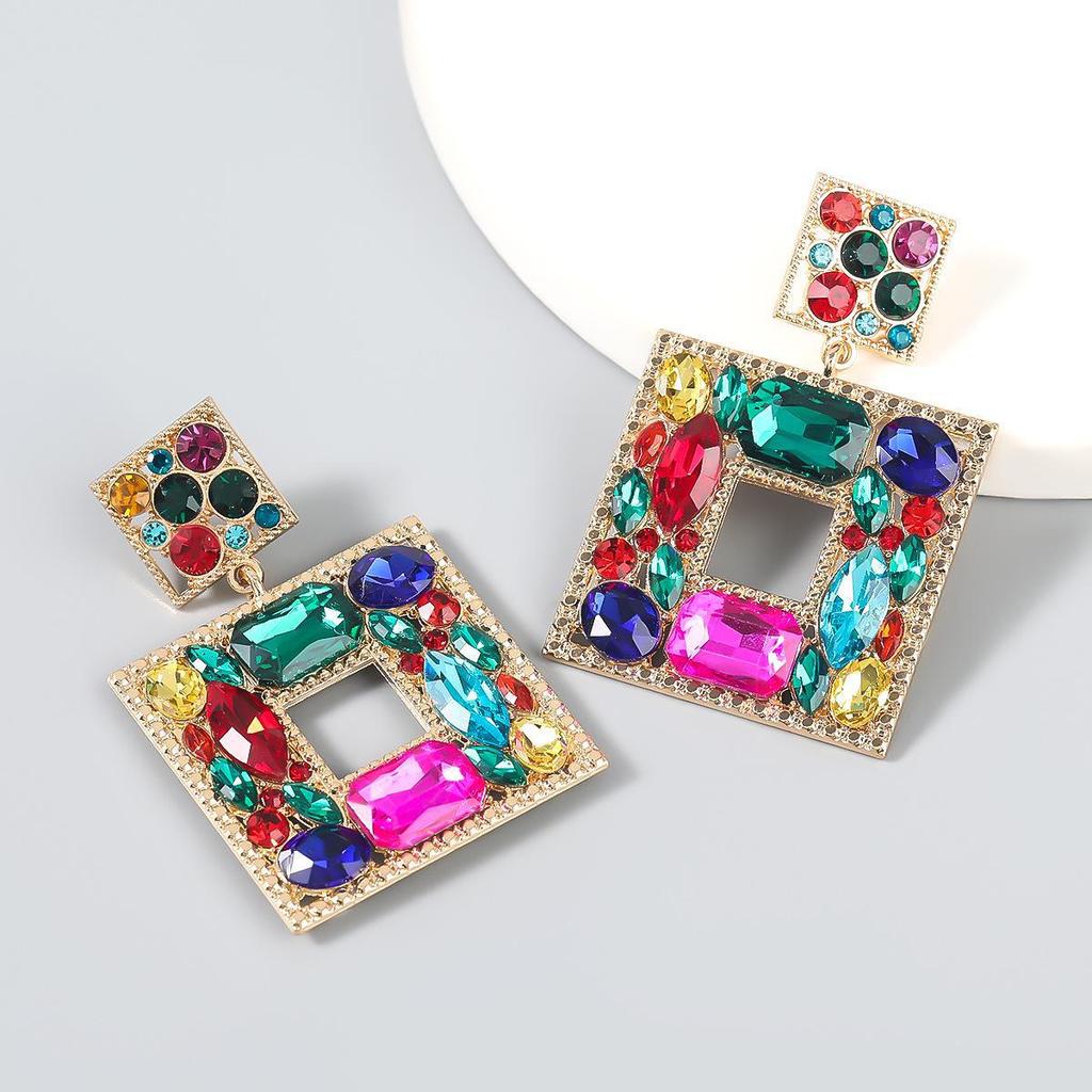 European & American Fashion Multilayer Colored Diamond Square Earrings