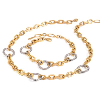 Youthway New Design Stainless Steel Gold  Color Blocked Hammer Patterned Circular Bracelet Necklace Women Jewelry Set