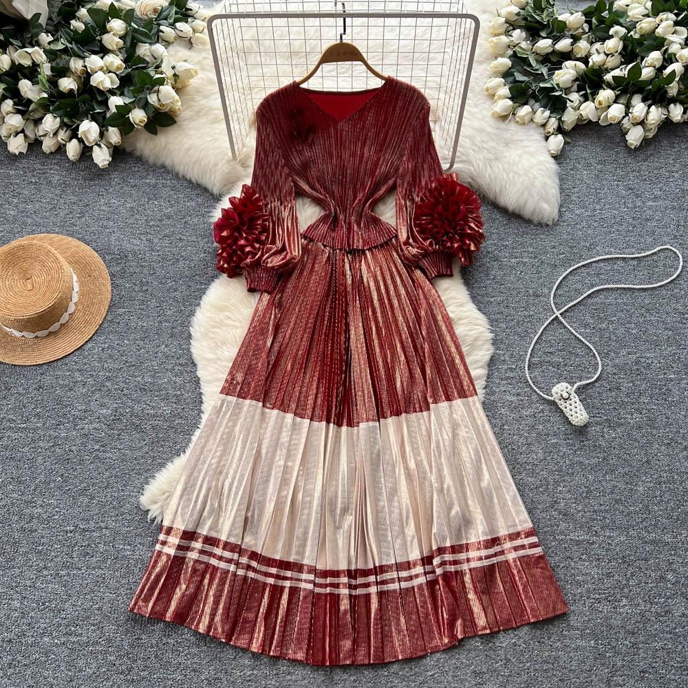 

Весна Осень Женские Роскошные Большого Размера Платья Макси С Плиссировкой, С 3D Цветами, Оверсайз, Свободного Кроя, Длинные, Для Вечеринки One Size красный