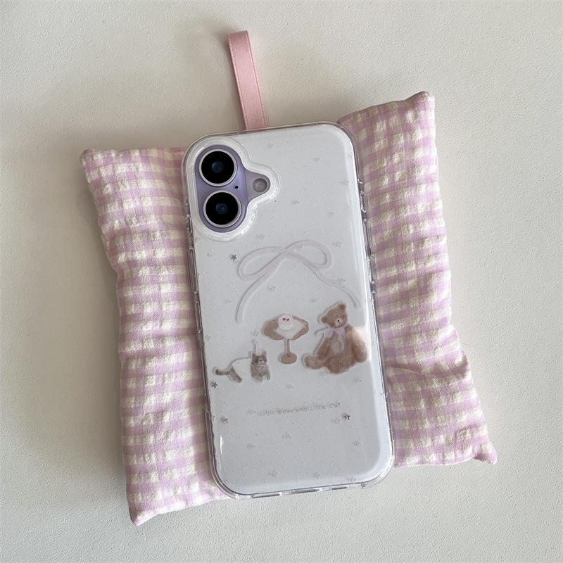 Glitter Cat and Bear Dessert Phone Case for iPhone 17/16 Pro Max/15/14 - Women's Edition