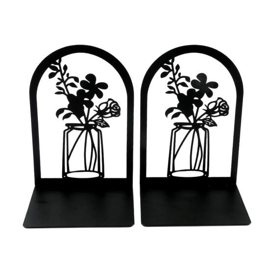 1 Pair Flower Metal Bookends Decorative Flower Vase Book Ends for Shelves Black