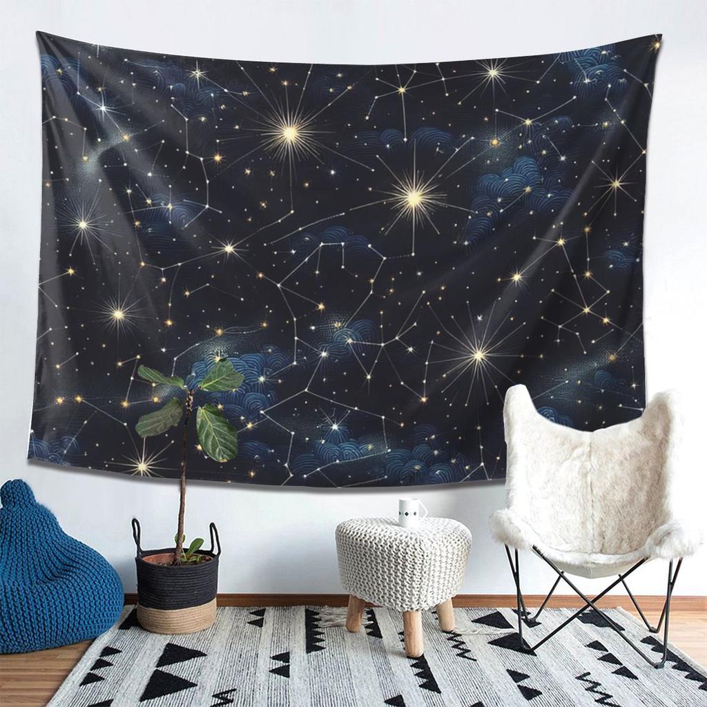 Night Sky Golden Celestial Stars Zodiac Constellations Tapestry Art Aesthetic Tapestries for Living Room Wall Cloth Wall Hanging