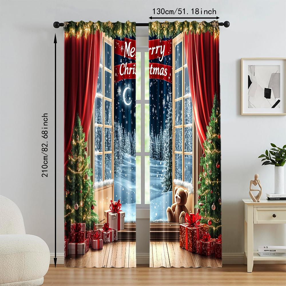 2Pcs Christmas Tree Printed Window Curtains Rod Pocket Design Machine Washable Window Drapes For Living Room And Bedroom Home
