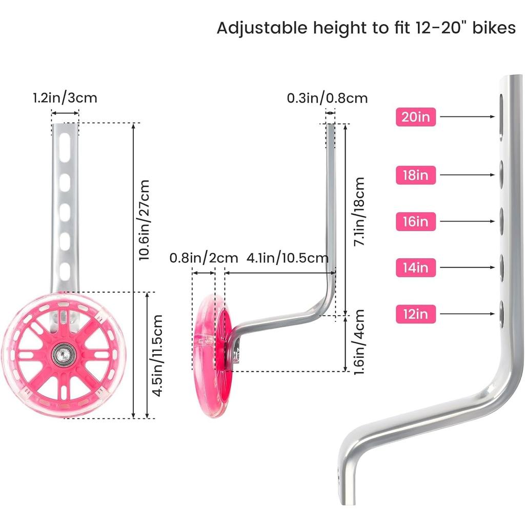 Confezione da 2 Ruote di Allenamento per Bicicletta Silenziose Lampeggianti Stabilizzatori per Bicicletta da Bambino Ruote di Supporto per Biciclette da 12 14 16 18 20 Pollici